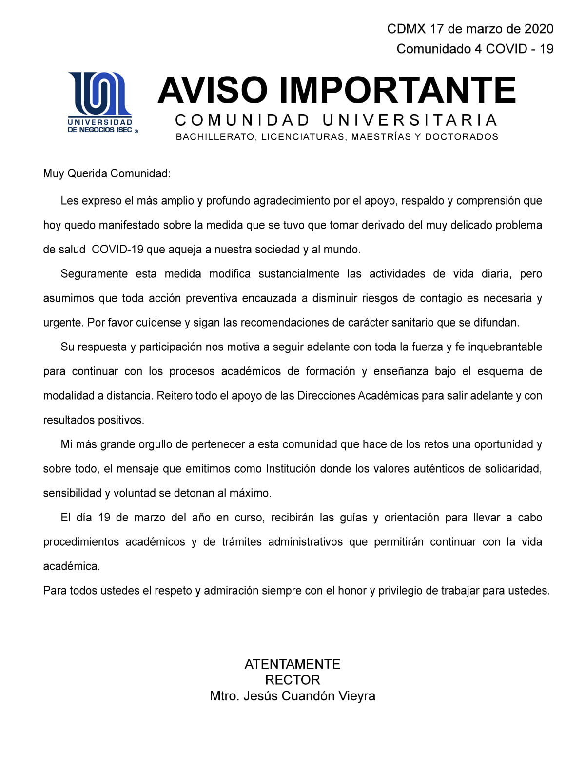 Universidad de Negocios ISEC - Comunicado del 17 marzo sobre COVID-19