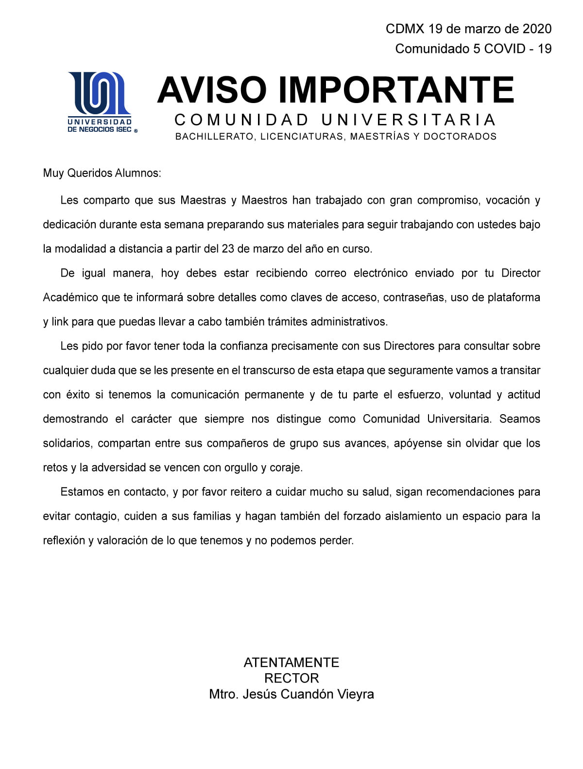 Universidad de Negocios ISEC - Comunicado del 19 marzo sobre COVID-19
